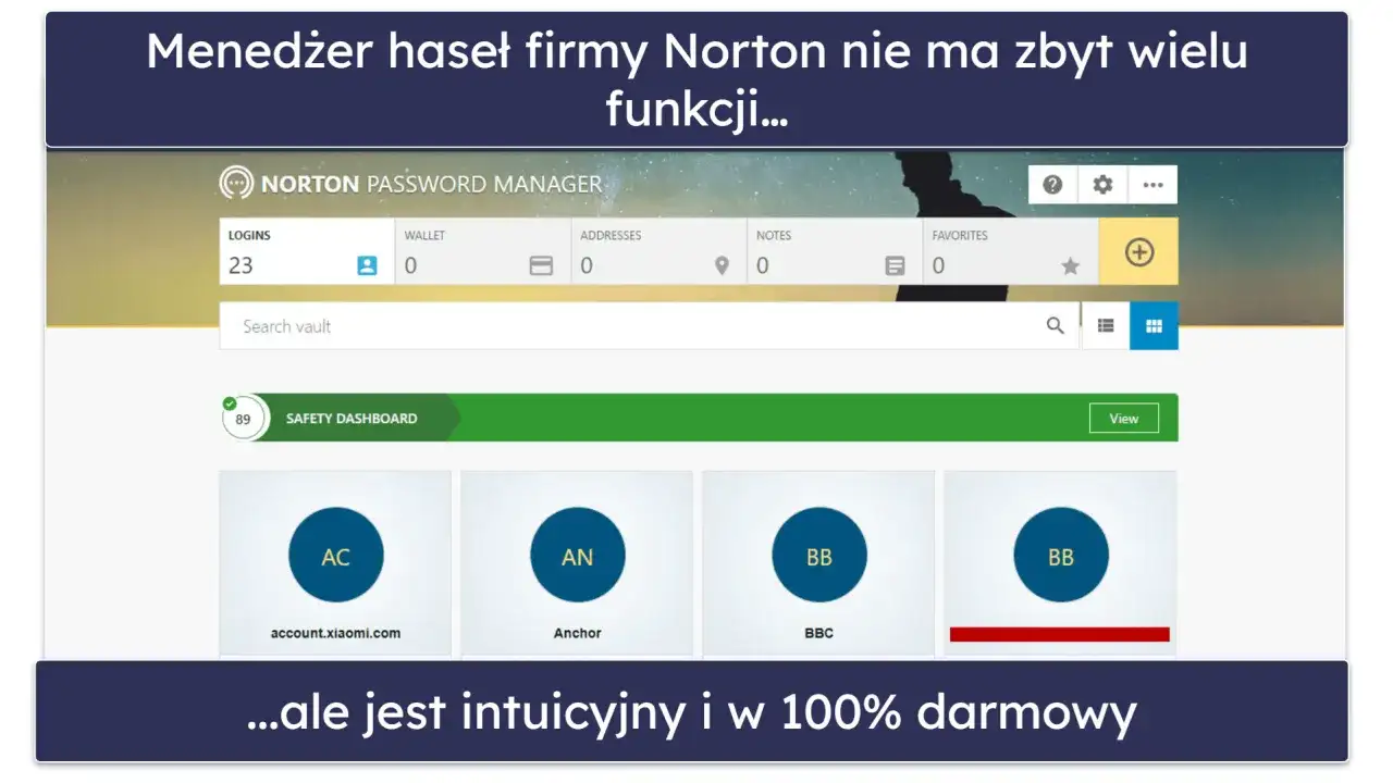 Norton Password Manager, darmowy menedżer haseł, prezentuje przejrzysty interfejs z listą loginów i opcją wyszukiwania.