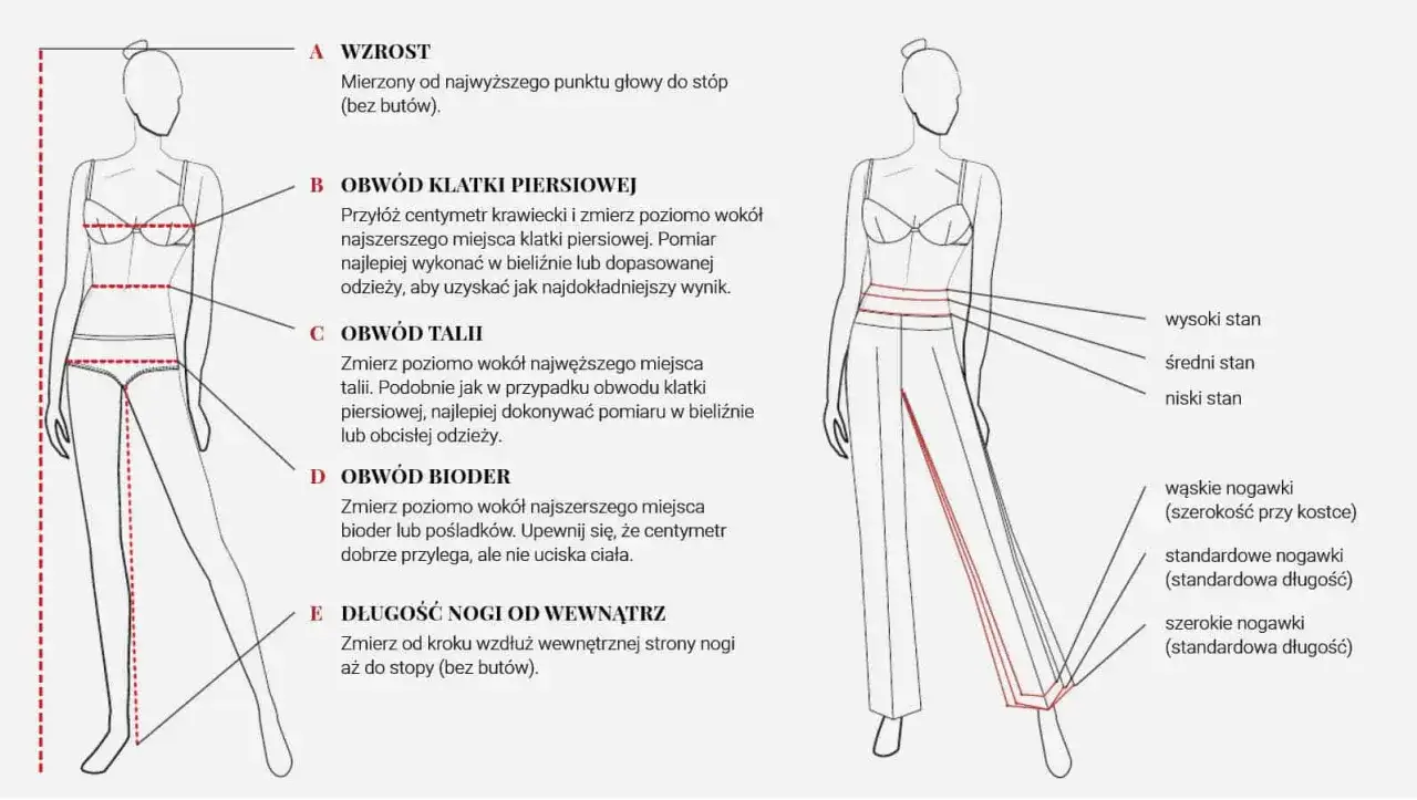 Tabela rozmiarów: wzrost, obwód klatki, talii, bioder, długość nogi od wewnątrz. Wymiary pomagają dobrać odpowiedni rozmiar M.