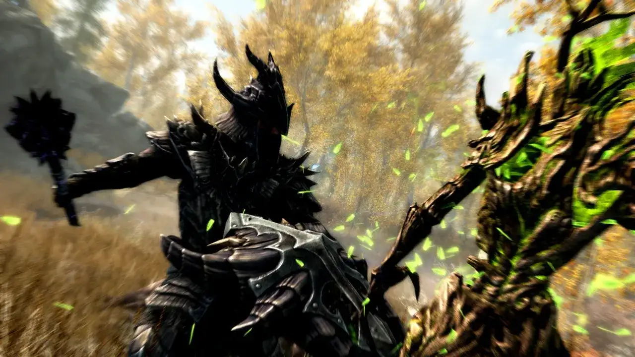 Zbrojny wojownik walczy z drzewnym potworem, otoczeni jesiennymi liśćmi. Zapowiedź The Elder Scrolls VI.