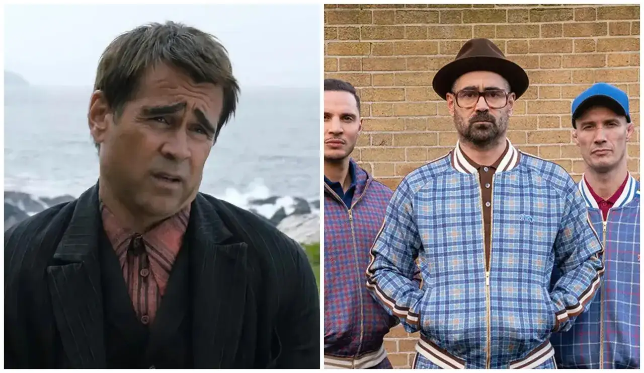 Colin Farrell w filmach: zamyślony nad morzem i w kratkowych kurtkach z kolegami.
