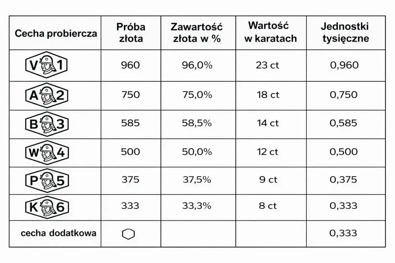 Tabela pokazuje próby złota, ich zawartość w procentach i karatach, a także jednostki tysięczne. Różna twardość złota wpływa na jego próbę.