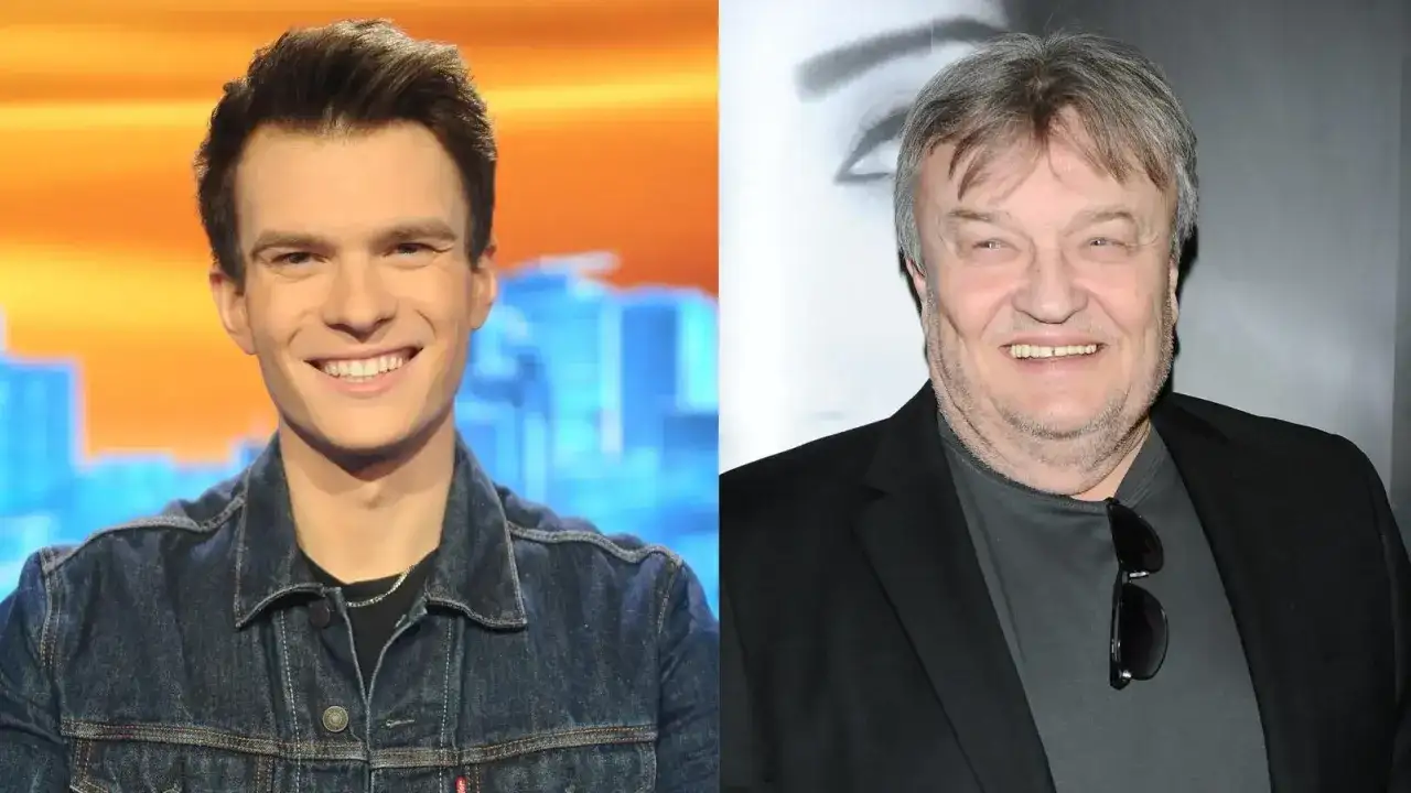 Młody mężczyzna w dżinsowej kurtce i starszy pan w marynarce, przypominający Krisa Cugowskiego.