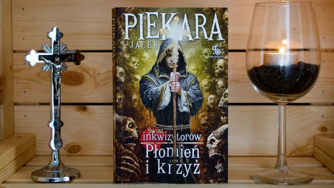 Książka "Świat inkwizytorów: Płonien i krzyż" obok krucyfiksu i świecy. Jacek Piekara opowiada o kolejności działań inkwizytora.
