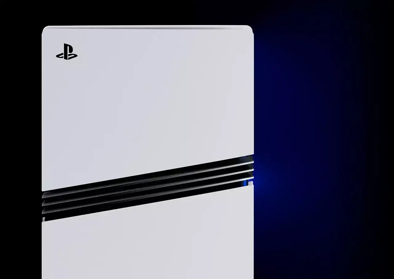 Biała konsola PlayStation 5 z czarnymi wstawkami i niebieskim podświetleniem.
