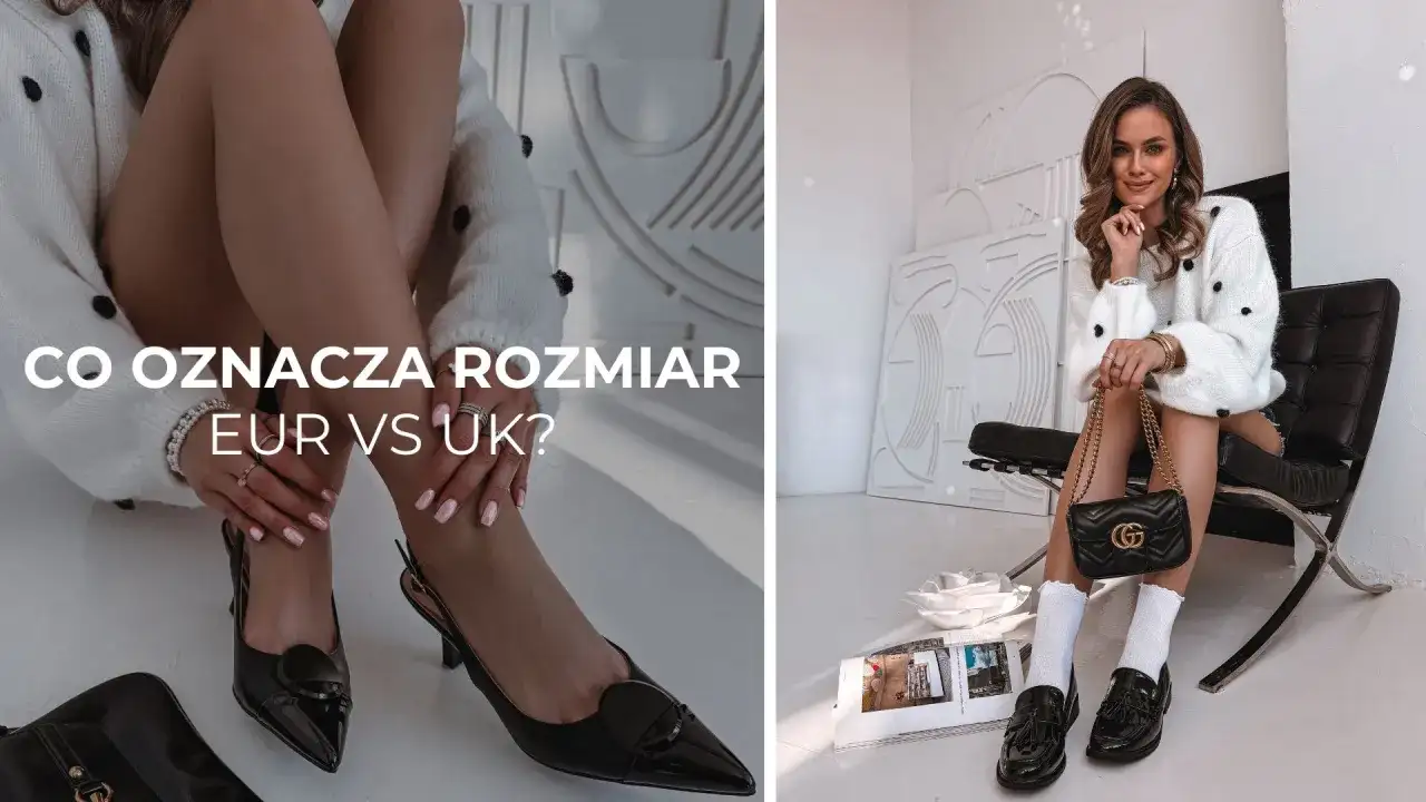 Kobieta w swetrze i czarnych butach, z tekstem "CO OZNACZA ROZMIAR EUR VS UK?".
