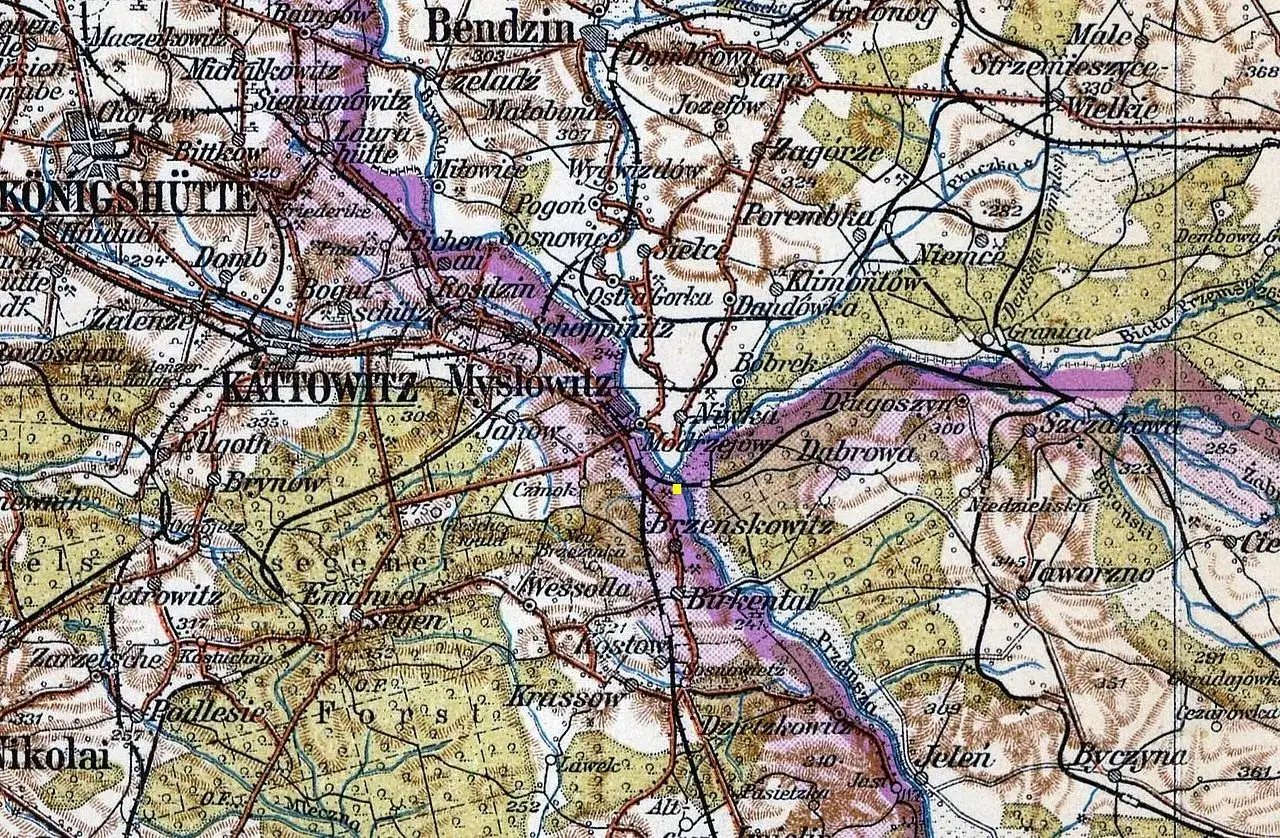 Mapa przedstawia obszar z zaznaczoną granicą 3 państw, z widocznymi miastami jak Katowice, Mysłowice i Jaworzno.