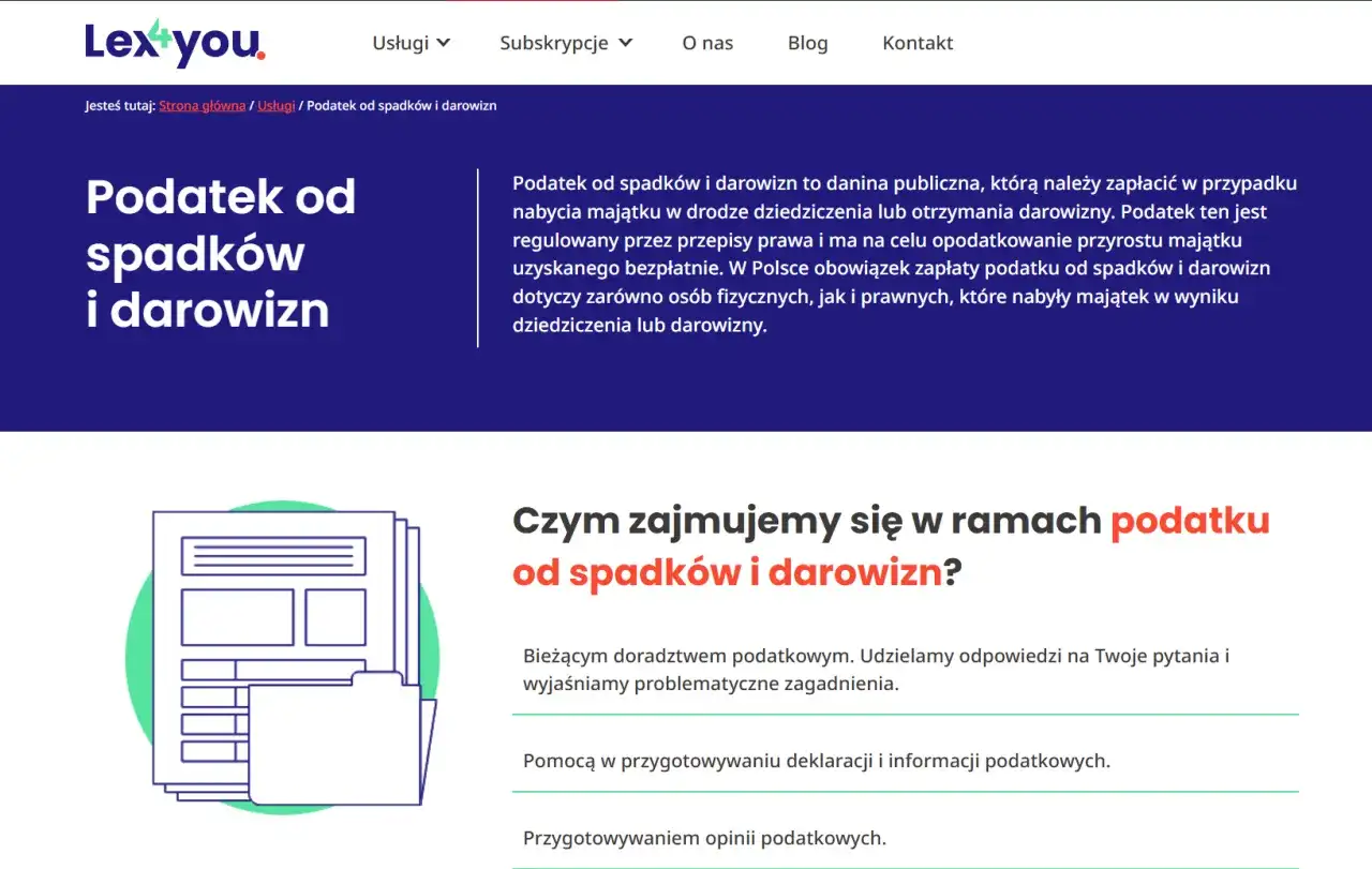 Strona Lex4you wyjaśnia zasady podatku od spadków i darowizn, oferując doradztwo i pomoc w formalnościach.