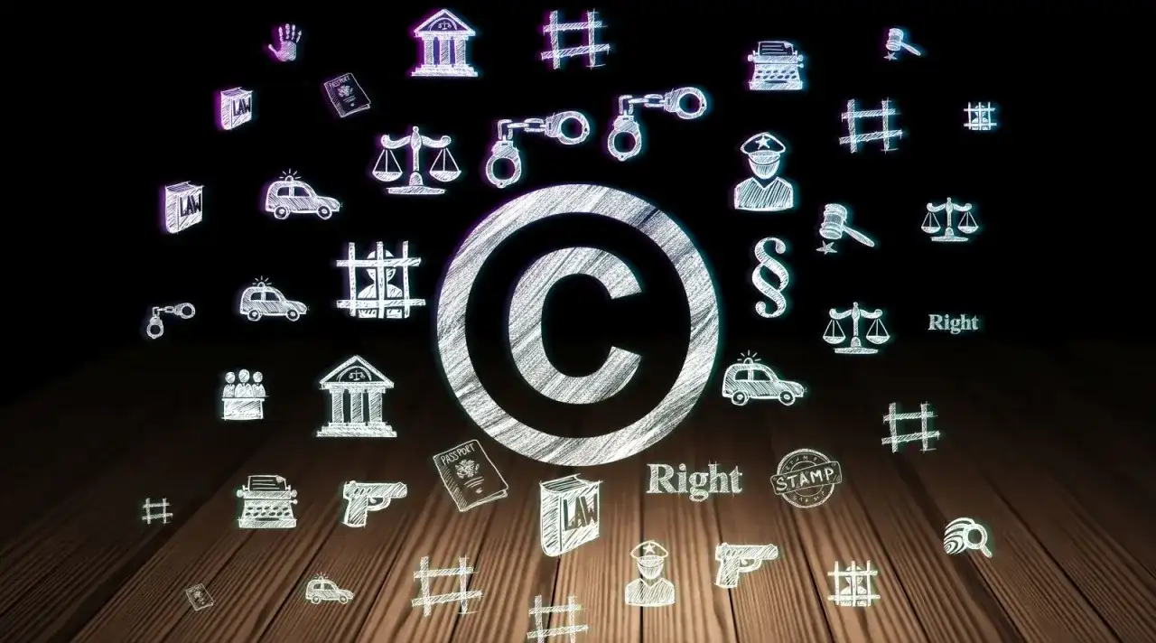 Centralny symbol to znak praw autorskich ©. Otaczają go rysunki związane z prawem i sprawiedliwością: paragrafy, wagi, budynki sądów, policjanci, samochody policyjne, kajdanki, pistolety, paszporty, książki z napisem "LAW" i maszyny do pisania.