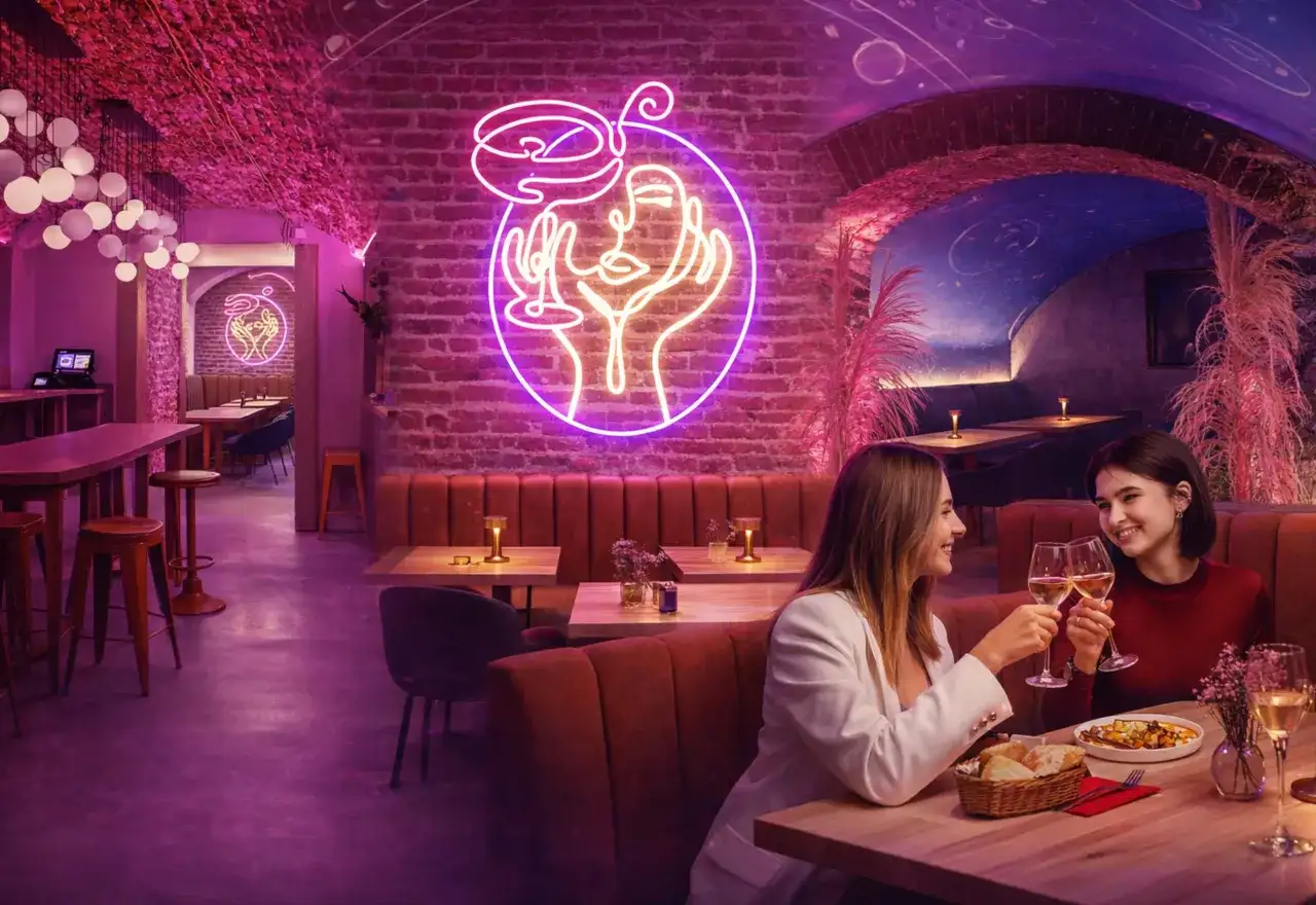 Dwie kobiety wznoszą toast w klimatycznym wnętrzu, gdzie neonowy portret i ceglane ściany tworzą atmosferę nietypowych restauracji w Warszawie.