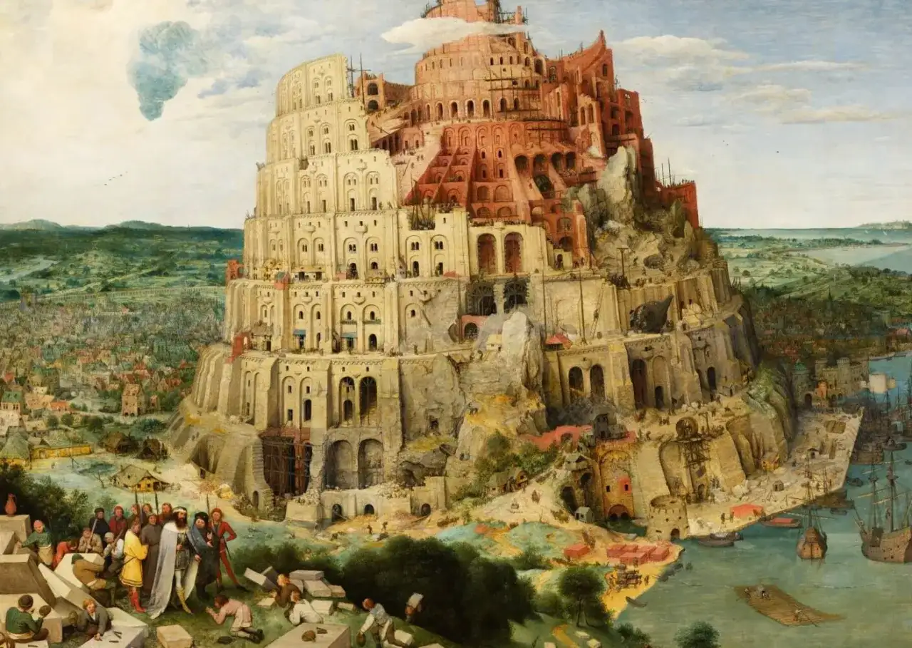 Monumentalna wieża Babel w budowie, z licznymi robotnikami i statkami w porcie.