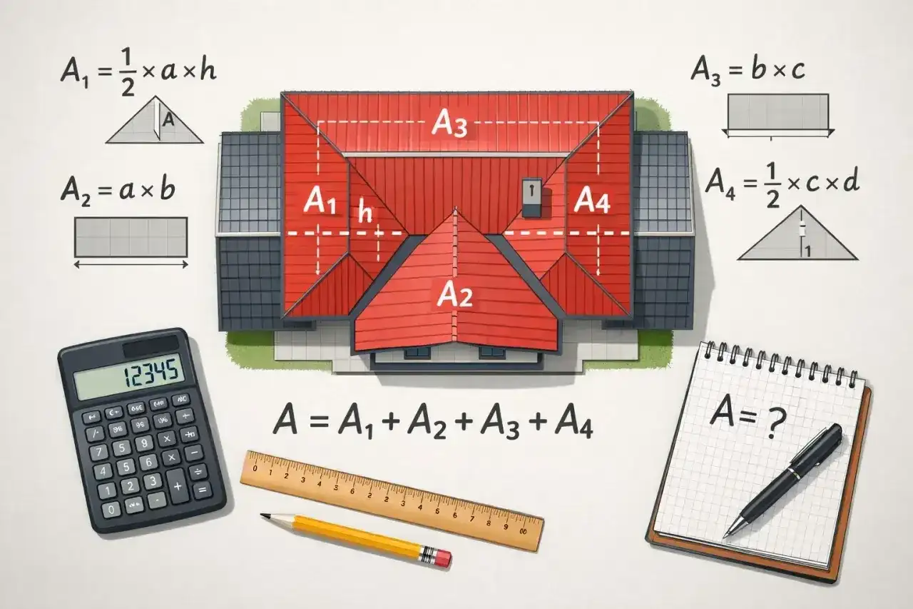 Obliczanie powierzchni dachu, w tym dachu jednospadowego, z użyciem kalkulatora, linijki i wzorów matematycznych.