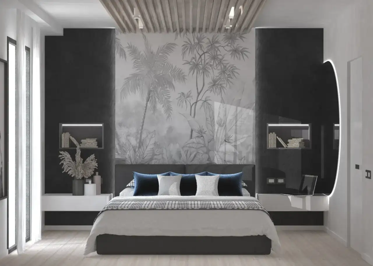 Camera da letto con pareti particolari dietro la testata: un murale tropicale su cartongesso crea un'atmosfera esotica.