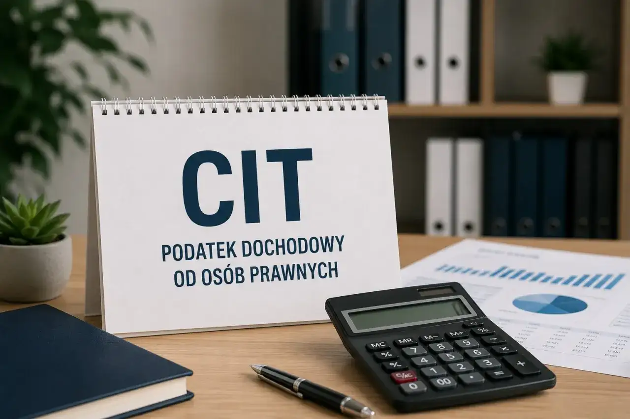 Biurko z kalendarzem "CIT PODATEK DOCHODOWY OD OSÓB PRAWNYCH", kalkulatorem, notatnikiem i wykresami.