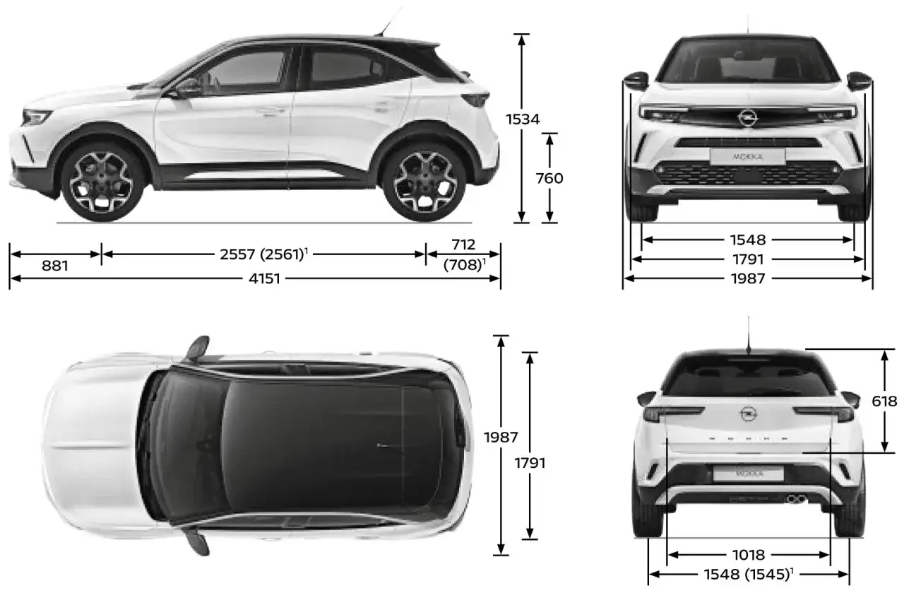 Opel Mokka wymiary: długość 4151 mm, szerokość 1791 mm, wysokość 1534 mm. Kompaktowy SUV z wyraźnymi liniami.