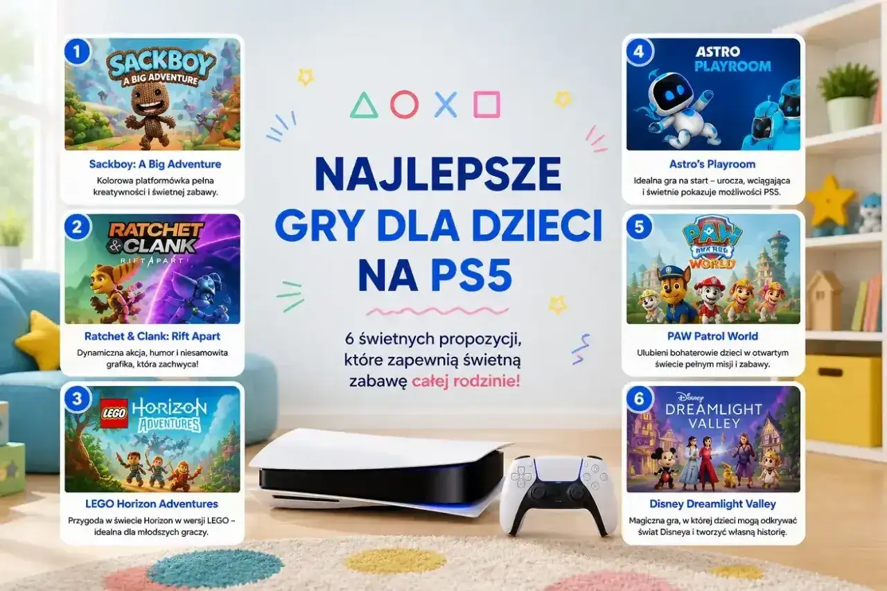 Najlepsze gry dla dzieci na PS5: Sackboy, Ratchet & Clank, LEGO Horizon, Astro's Playroom, Psi Patrol i Disney Dreamlight Valley.