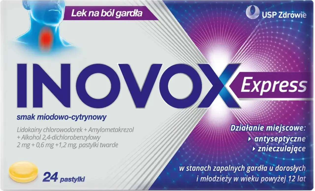 Inovox Express - lek na ból gardła, smak miodowo-cytrynowy. Opakowanie zawiera 24 pastylki twarde. Działanie antyseptyczne i znieczulające.
