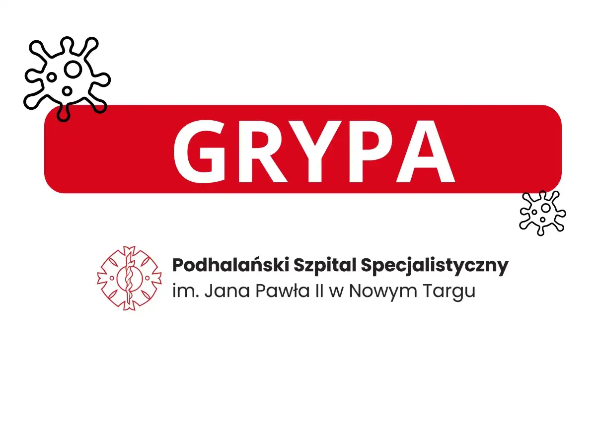 Grafika informuje o grypie, ale warto pamiętać o objawach hantawirusa. Widoczne wirusy i nazwa szpitala.