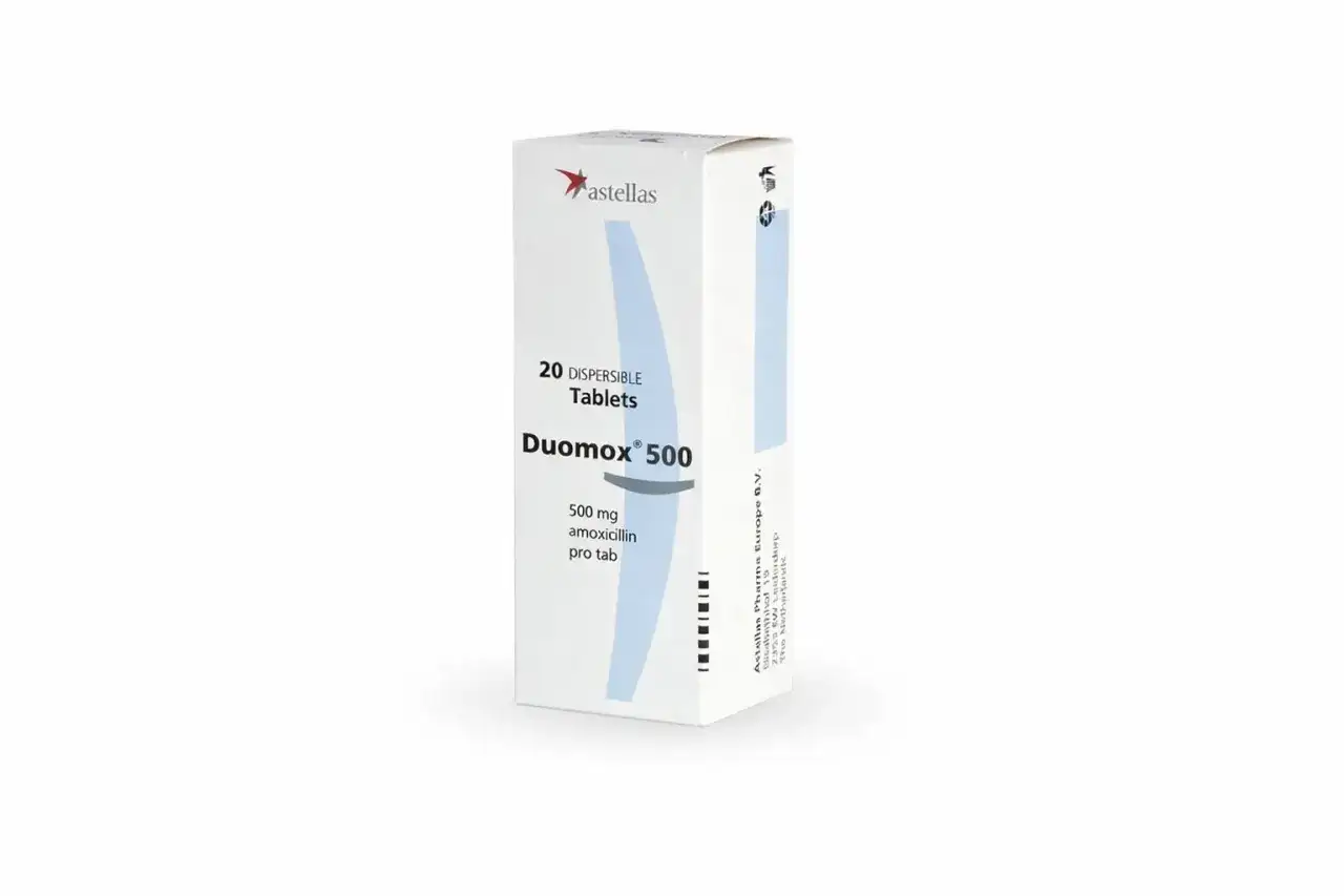 Opakowanie leku Duomox 500 mg, zawierające 20 tabletek dyspergowalnych z amoksycyliną, stosowane w leczeniu infekcji bakteryjnych.