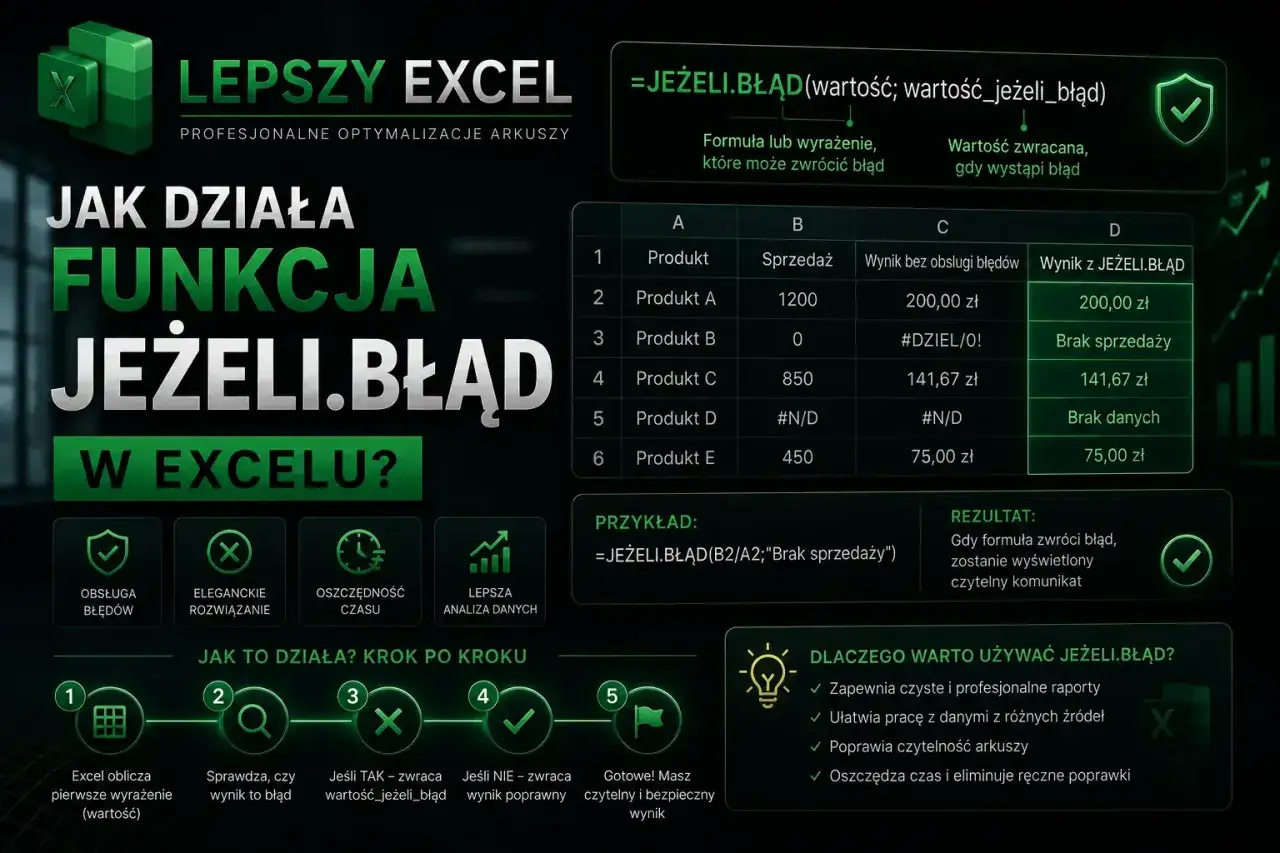 Funkcja JEŻELI.BŁĄD w Excelu: jak działa, przykłady i korzyści. Użyj jej, by poprawić czytelność arkuszy i oszczędzić czas.