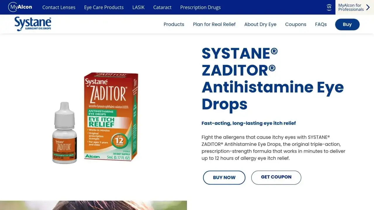 Krople do oczu Systane Zaditor z ketotifenem, skuteczne na **starazolin alergia** i swędzenie oczu, działają do 12 godzin.
