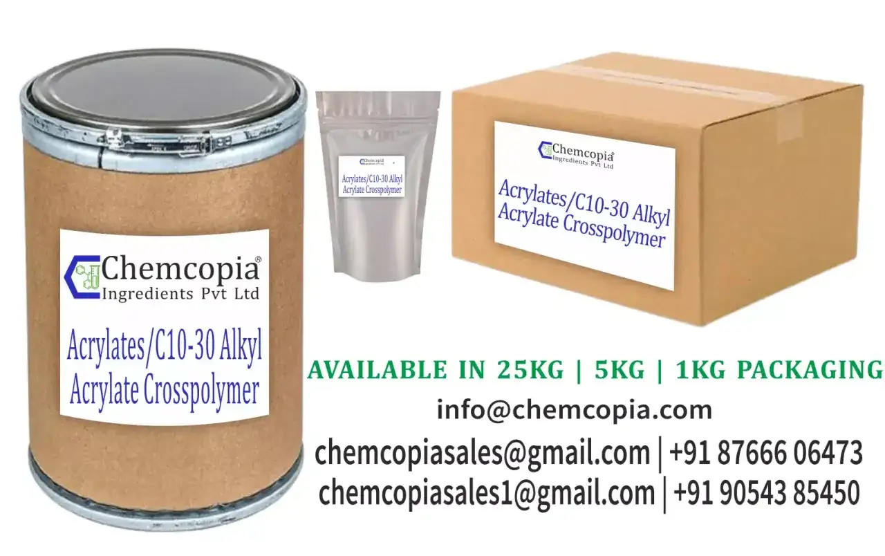 Beczka, worek i karton z produktem Acrylates/C10-30 Alkyl Acrylate Crosspolymer od Chemcopia. Dostępne opakowania 25kg, 5kg, 1kg.