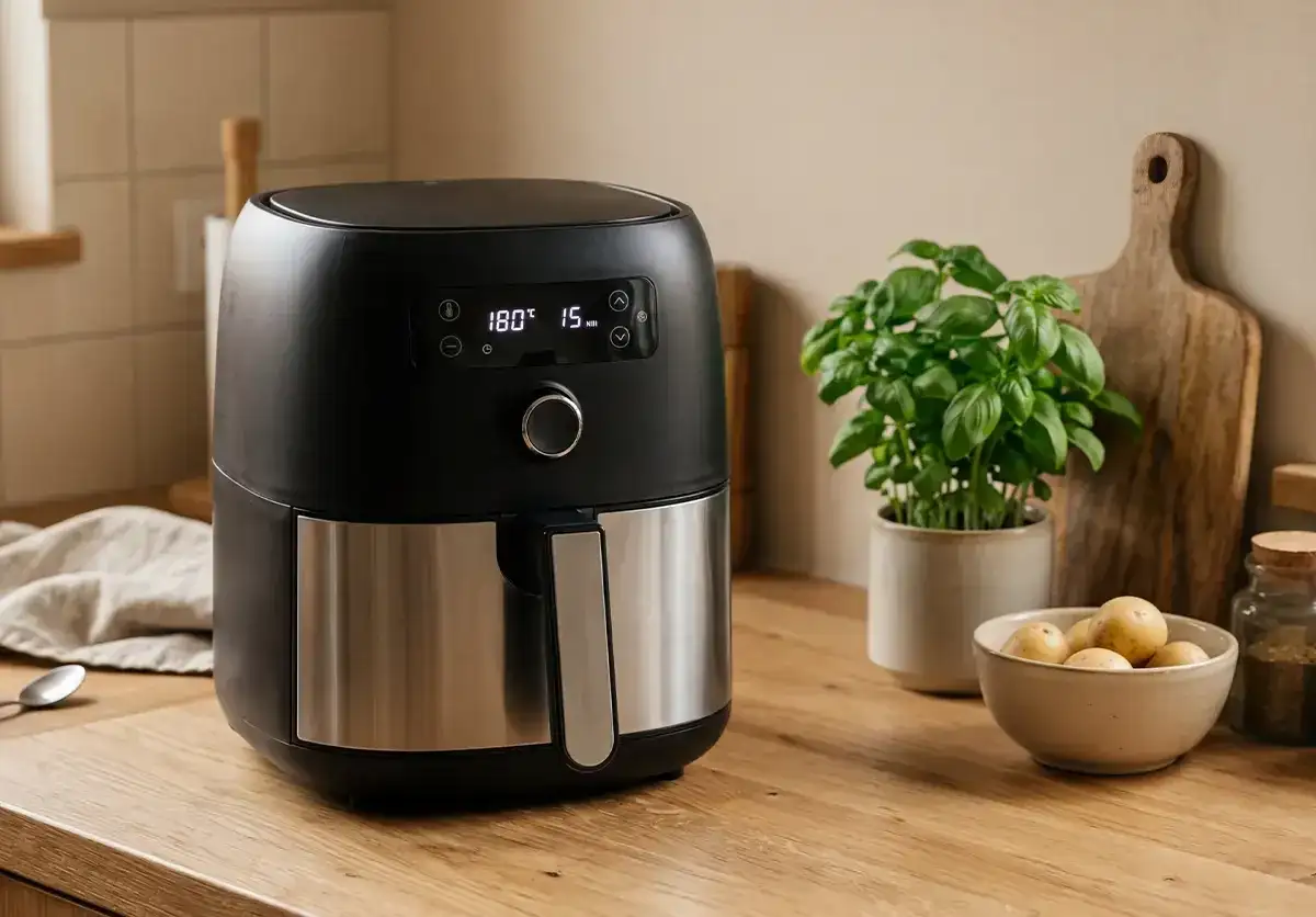 Czarna frytkownica beztłuszczowa z cyfrowym wyświetlaczem, idealna do zdrowego gotowania. W tle bazylia i ziemniaki, sugerujące pyszne dania z rankingu airfryer.