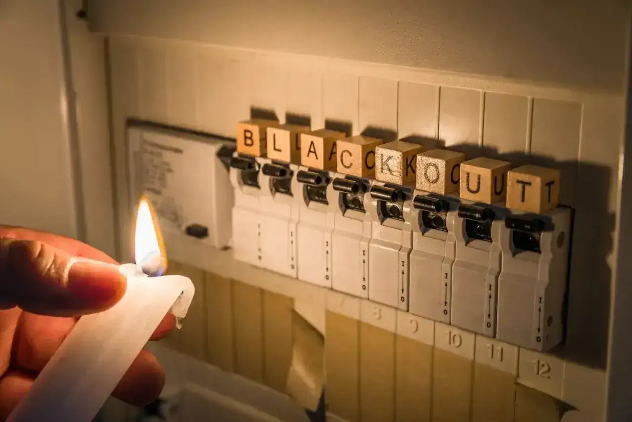 Korki włączone, a w mieszkaniu ciemno. Ręka trzyma zapaloną świecę obok bezpieczników z napisem "BLACKOUT".