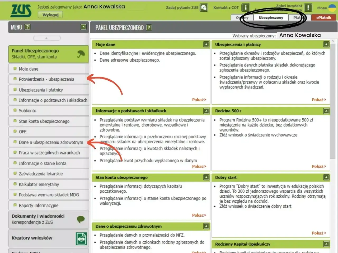 Panel Ubezpieczonego ZUS Anny Kowalskiej, zakładka "Ubezpieczony" pokazuje dane o składkach, świadczeniach i programach jak Rodzina 500+.