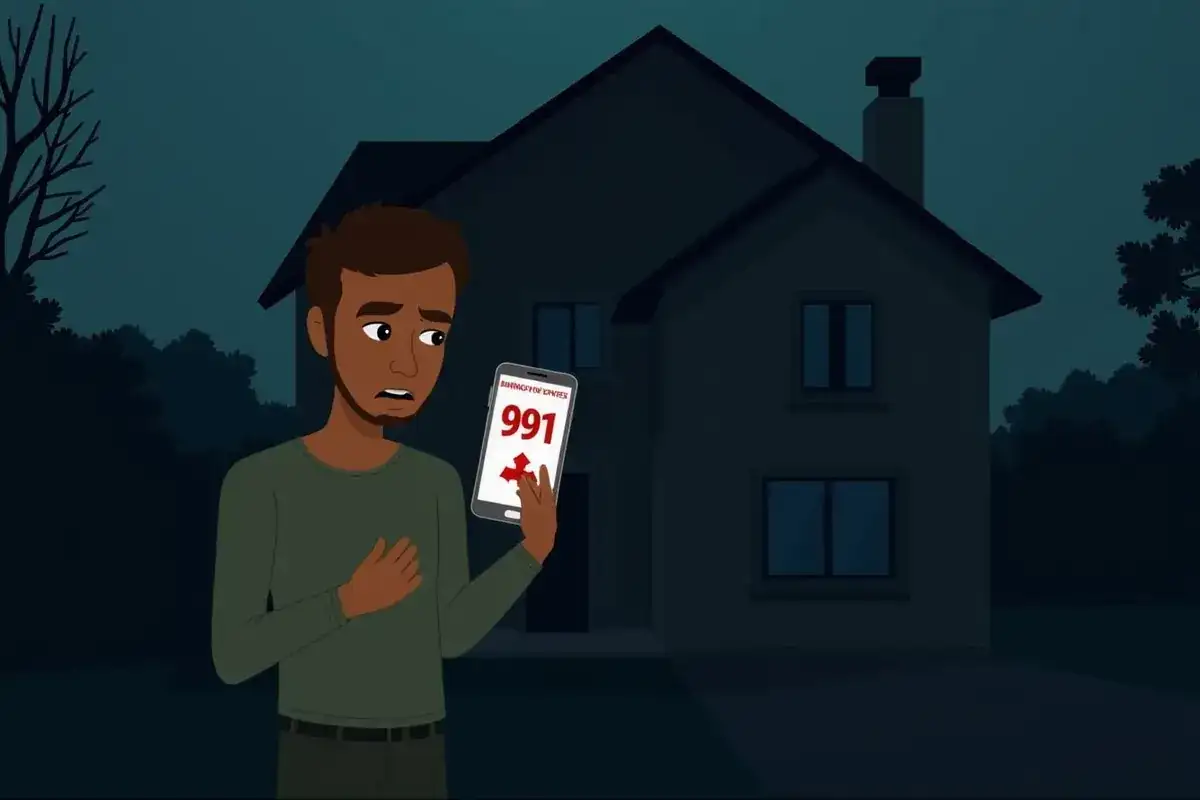 Zmartwiony mężczyzna trzyma telefon z numerem 991, próbując zgłosić awarię prądu Tauron.