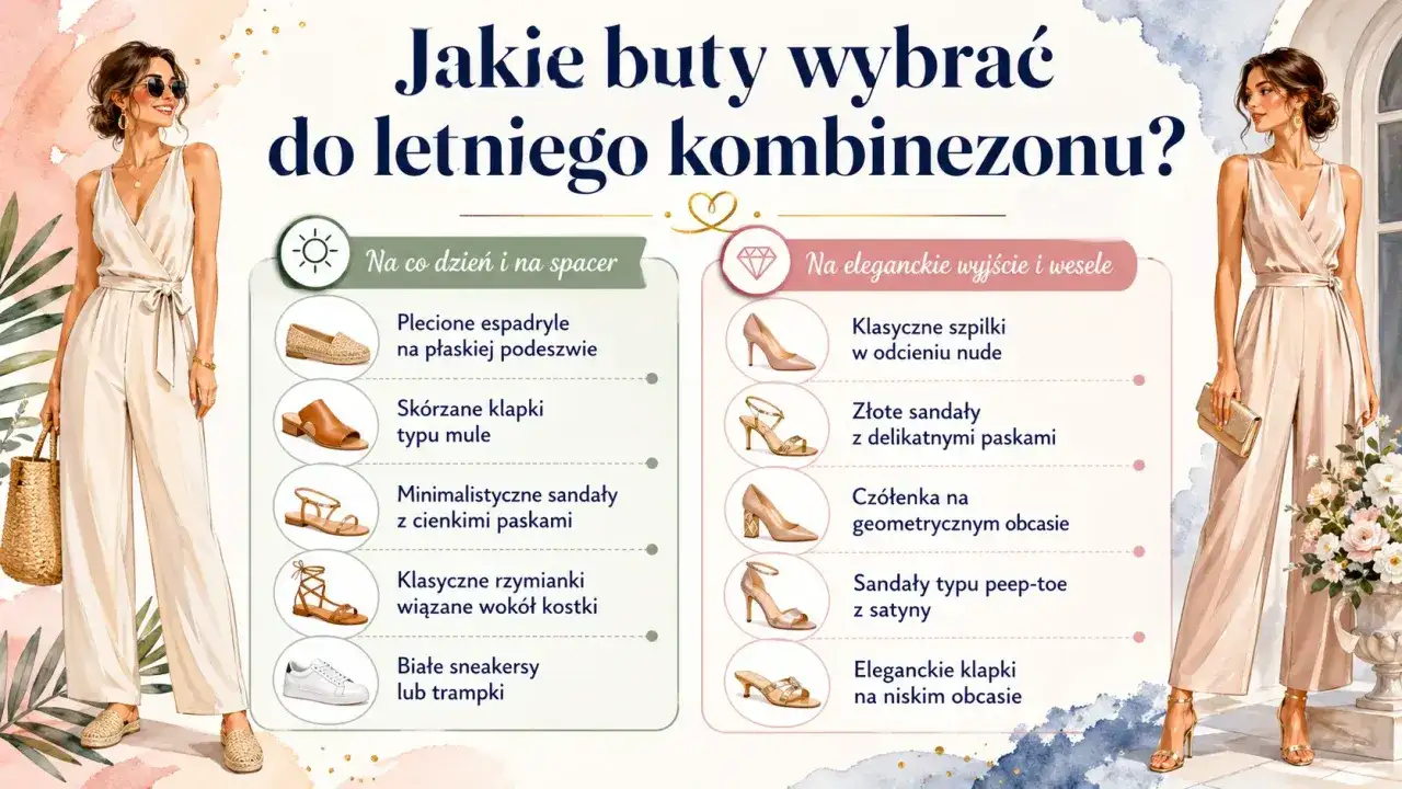 Jakie buty do kombinezonu na wesele? Eleganckie szpilki, złote sandały lub czółenka na geometrycznym obcasie to idealne propozycje.