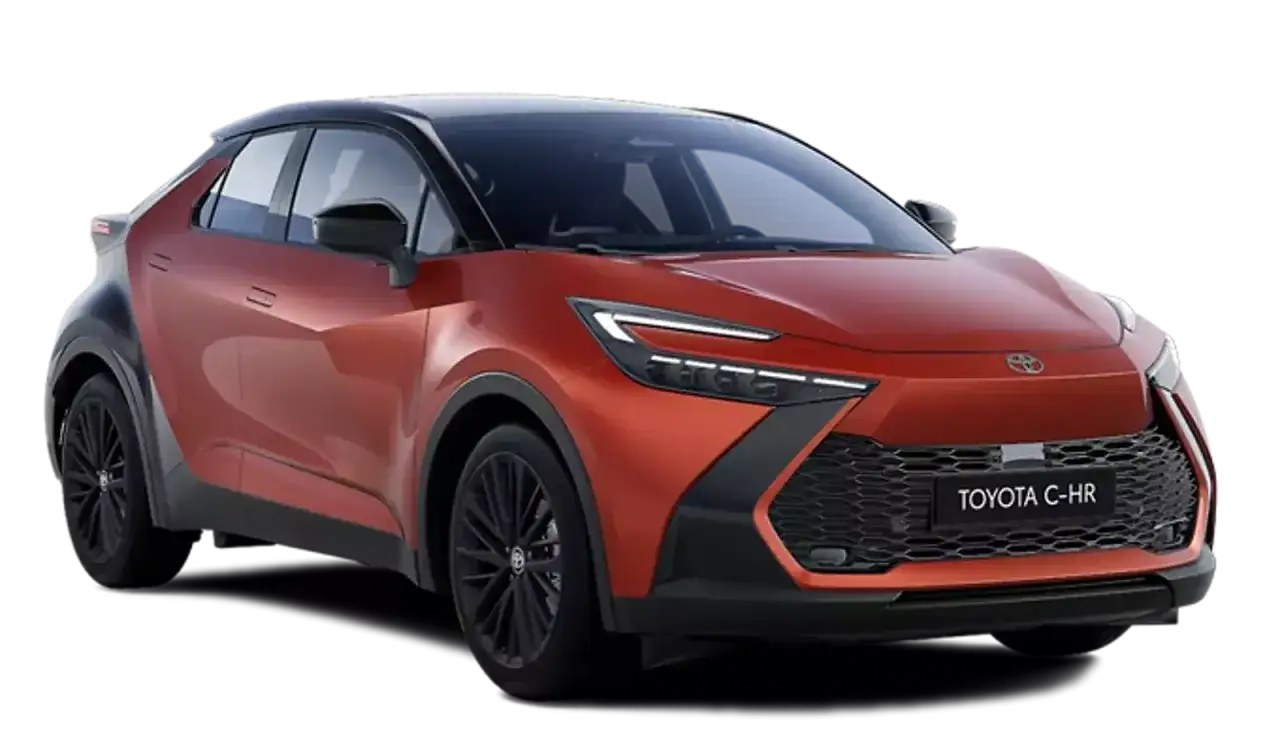 Pomarańczowy Toyota C-HR 2020 z czarnym dachem i felgami, prezentujący nowoczesny design i sportowy charakter.