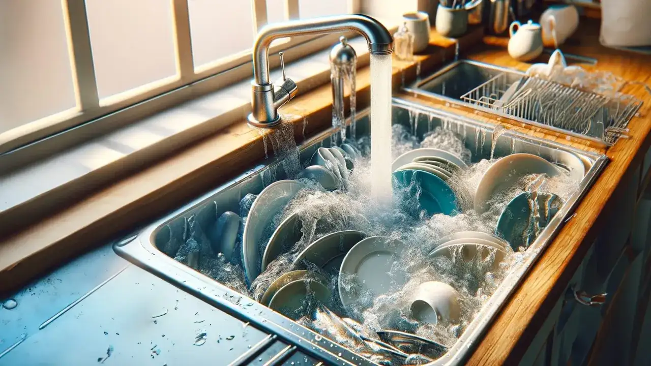 Un rubinetto gocciola su un lavandino pieno di piatti, creando un vortice d'acqua. L'ammollo lavastoviglie è in pieno svolgimento, con schiuma e bolle che danzano tra le stoviglie.