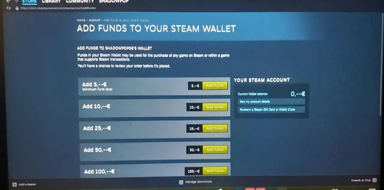 Ekran Steam z opcjami dodawania środków do portfela: 5, 10, 25, 50, 100 euro.