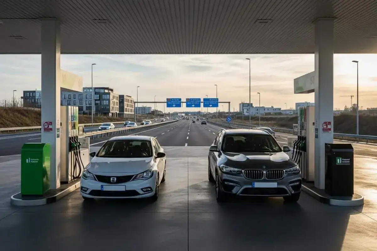 Deux voitures, une blanche et une grise, sont garées à une station-service. L'une attend son plein d'essence ou de diesel.