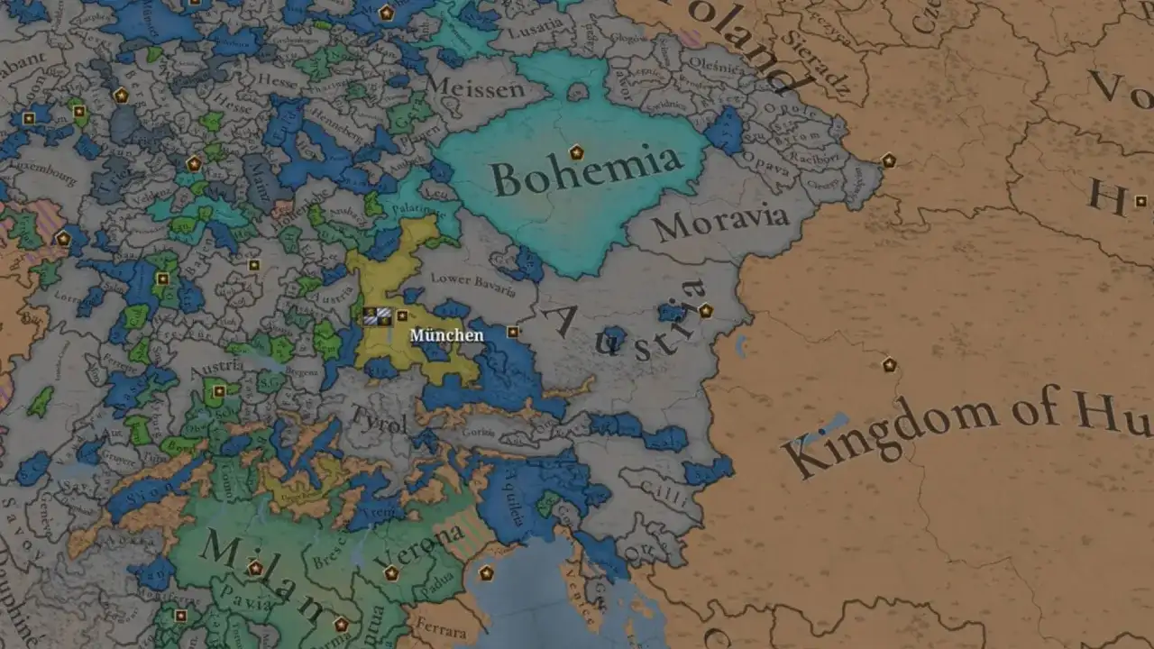 Mapa Europy z gry strategicznej, widoczne państwa jak Czechy, Austria, Bawaria. Widać nazwy miast, np. München. To fragment rozgrywki z eu4 commands.