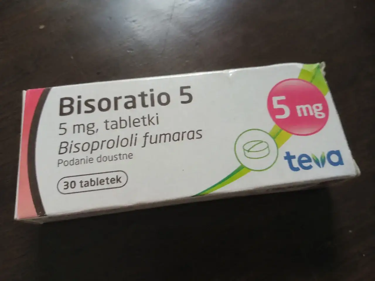 Opakowanie leku Bisoratio 5 mg, zawierające 30 tabletek. Producent Teva.