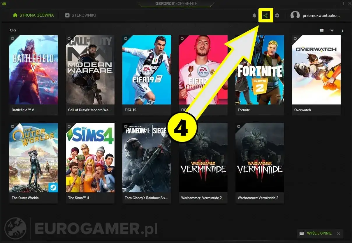 Ikona udostępniania w GeForce Experience, gdzie można włączyć licznik FPS. Widoczne gry: Battlefield V, Call of Duty, FIFA 19, Fortnite, Overwatch.