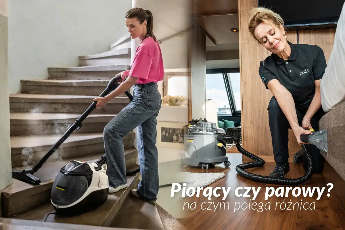 Kobieta czyści schody odkurzaczem piorącym, a druga kobieta tapicerkę. Sprawdź nasz odkurzacz piorący ranking.