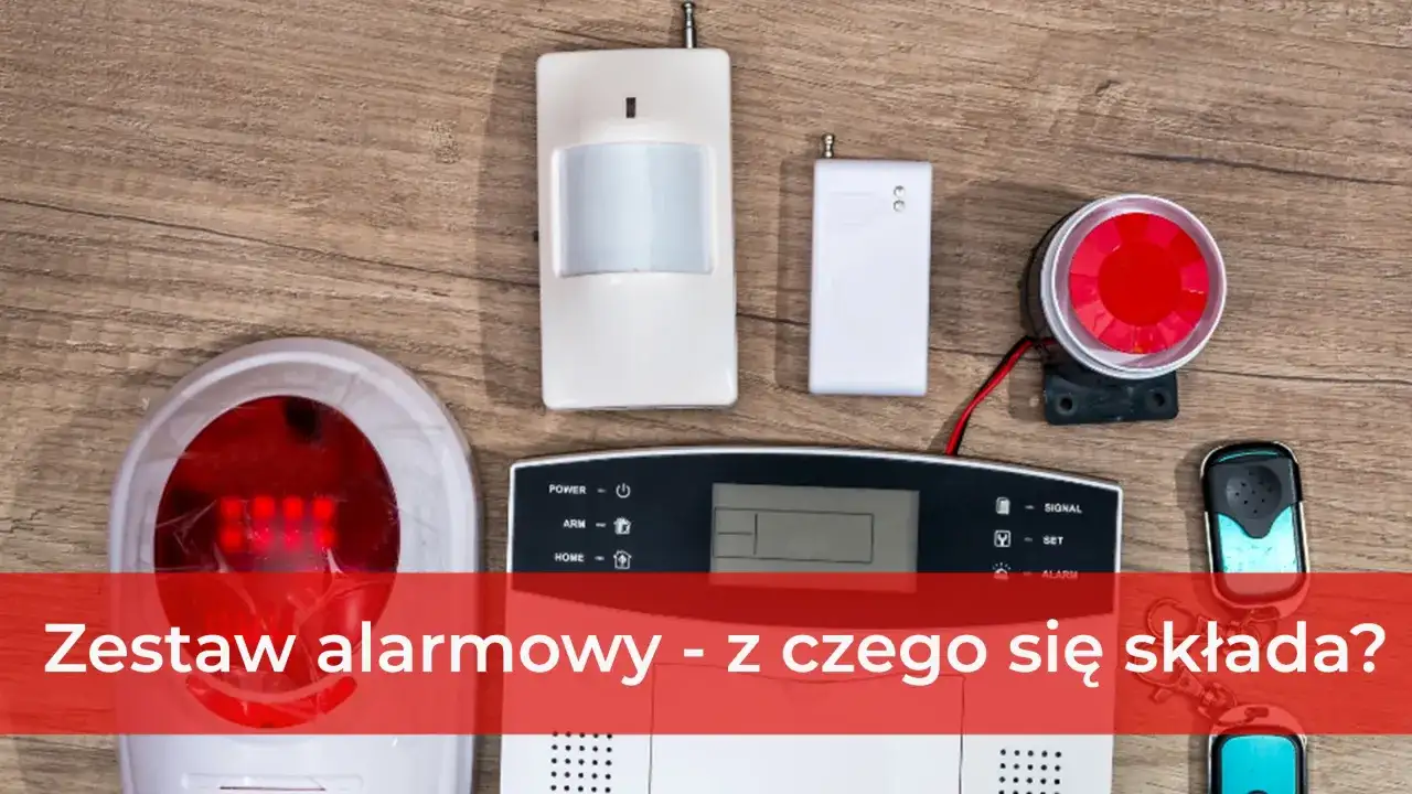 Zestaw alarmowy do garażu blaszanego: czujnik ruchu, syrena, panel sterowania i piloty.