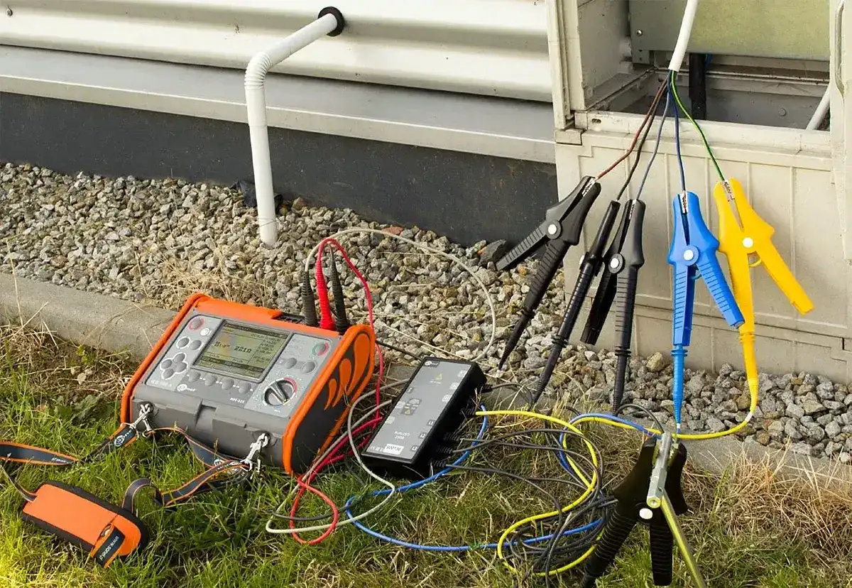 Miernik testuje rezystancję izolacji przewodów podłączonych do skrzynki elektrycznej.