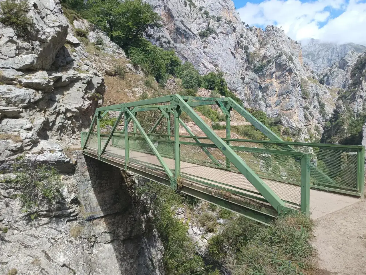 Puente Dobra, una estructura verde metálica cruza un desfiladero rocoso con vegetación.