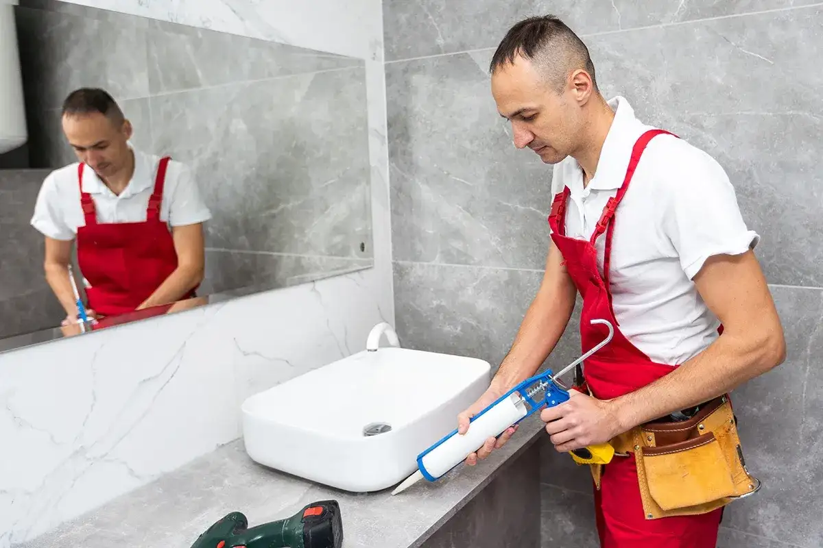 Remont łazienki: fachowiec nakłada silikon sanitarny wokół umywalki. Dowiedz się, ile powinien schnac silikon sanitarny.