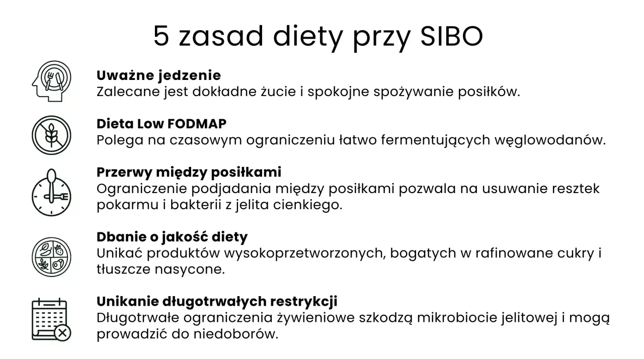 5 zasad diety przy SIBO: uważne jedzenie, dieta Low FODMAP, przerwy między posiłkami, dbanie o jakość diety, unikanie długotrwałych restrykcji.
