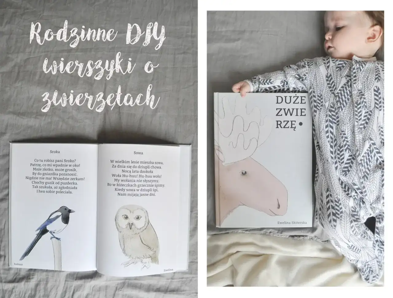 Dziecko śpi obok książki z wierszykami o zwierzętach. Na otwartej stronie sroka i sowa, a na okładce duży łoś. Idealna lektura na dobranoc.