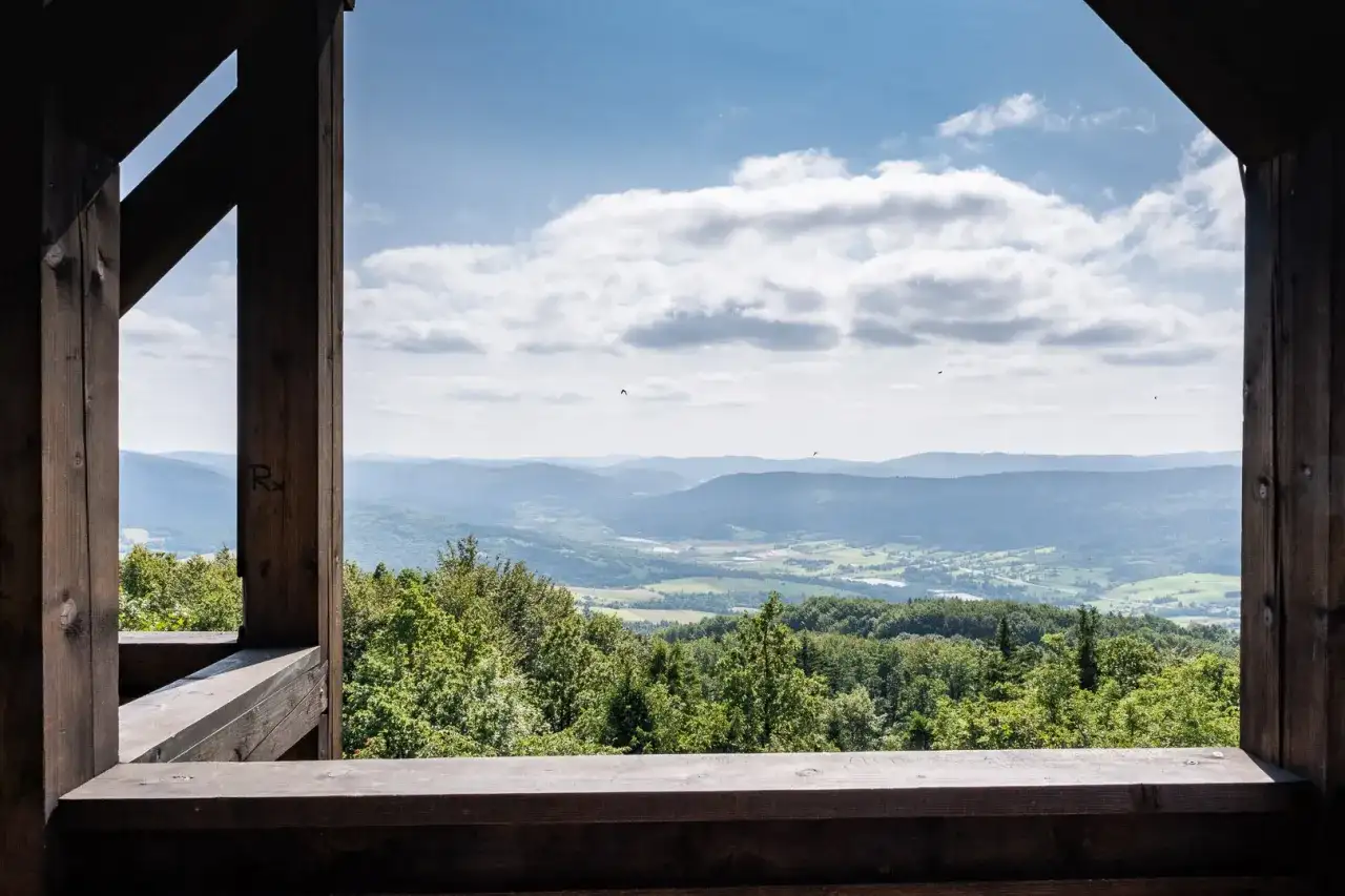 Widok z wieży widokowej na górę Cergową. Rozległa panorama Beskidu Niskiego, zielone lasy i pola, błękitne niebo z chmurami.