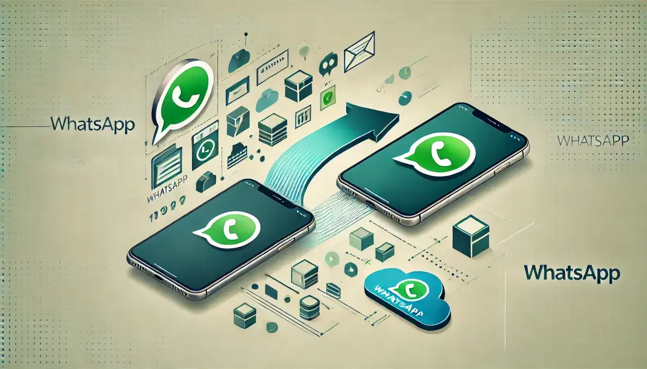 Jak przenieść WhatsApp na nowy telefon? Grafika pokazuje dwa smartfony i chmurę, symbolizujące transfer danych.