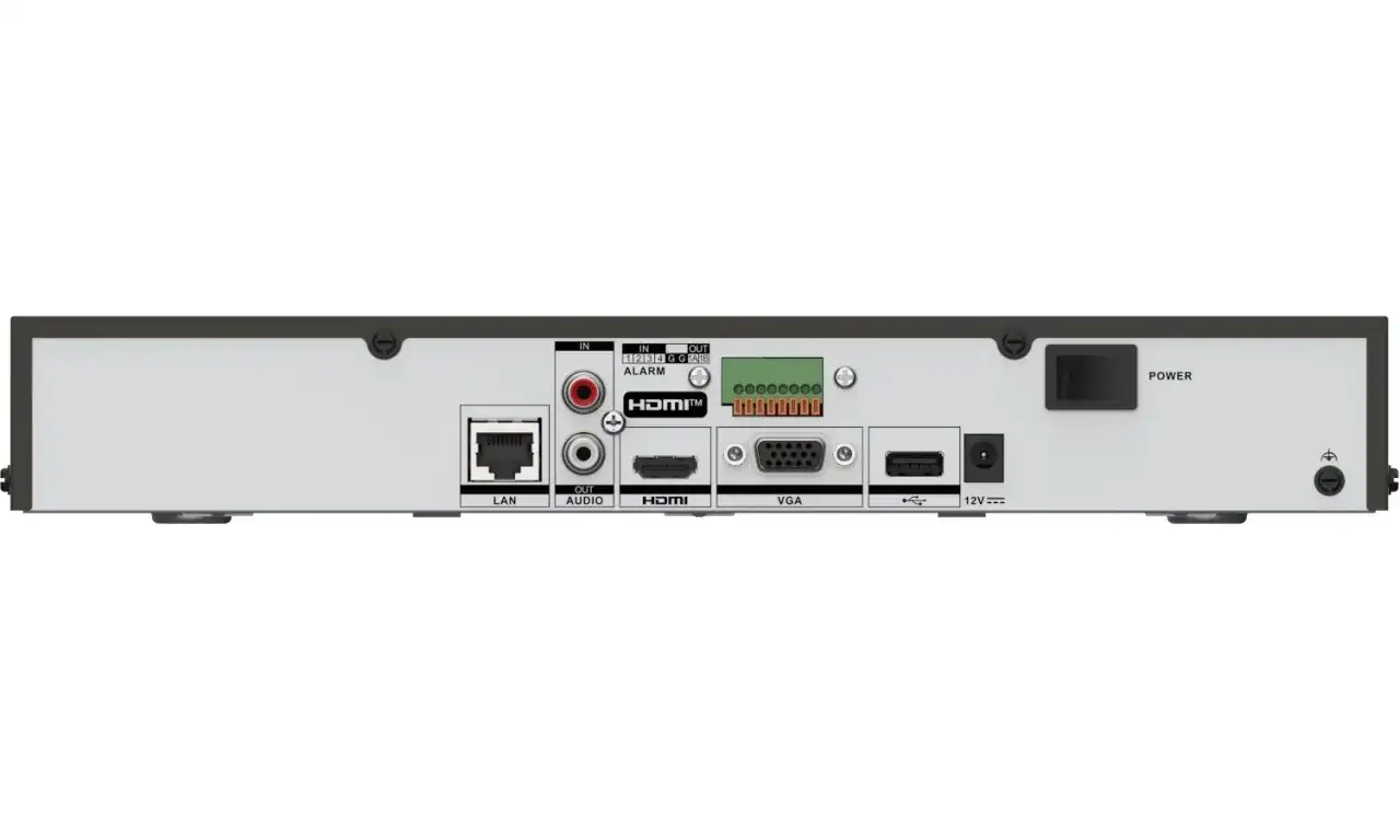 Tył rejestratora z portami LAN, HDMI, VGA, USB, zasilania i alarmu. Potrzebujesz go do konfiguracji Hik-Connect, wpisz kod weryfikacyjny.