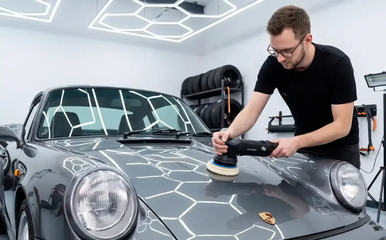 Mężczyzna poleruje maskę klasycznego Porsche, pokazując, jak zacząć auto detailing.