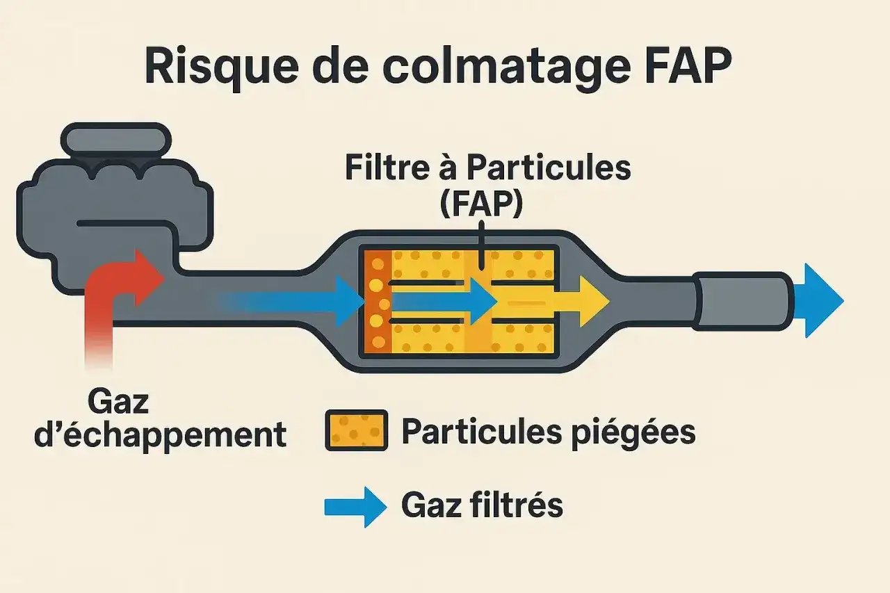 Schéma montrant le risque de colmatage d'un FAP. Les gaz d'échappement entrent, les particules sont piégées, et les gaz filtrés sortent.