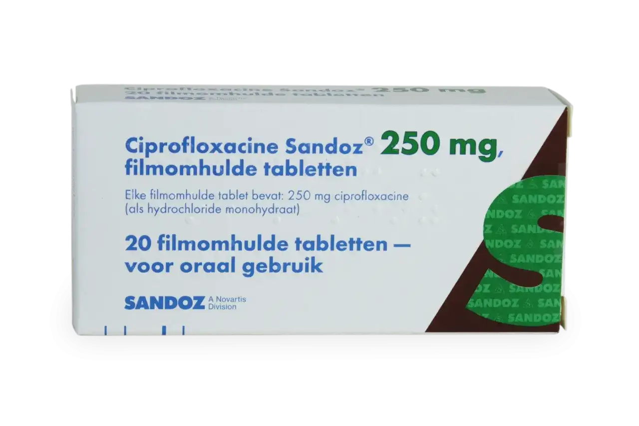 Opakowanie leku Ciprofloxacine Sandoz 250 mg, zawierające 20 tabletek powlekanych do stosowania doustnego.